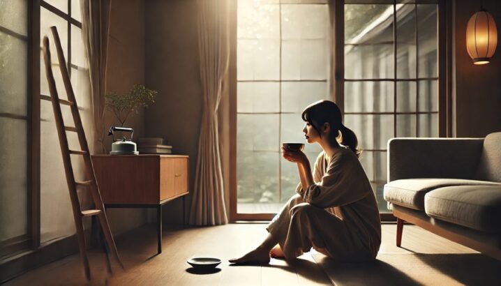 静かな部屋で考え事をする女性