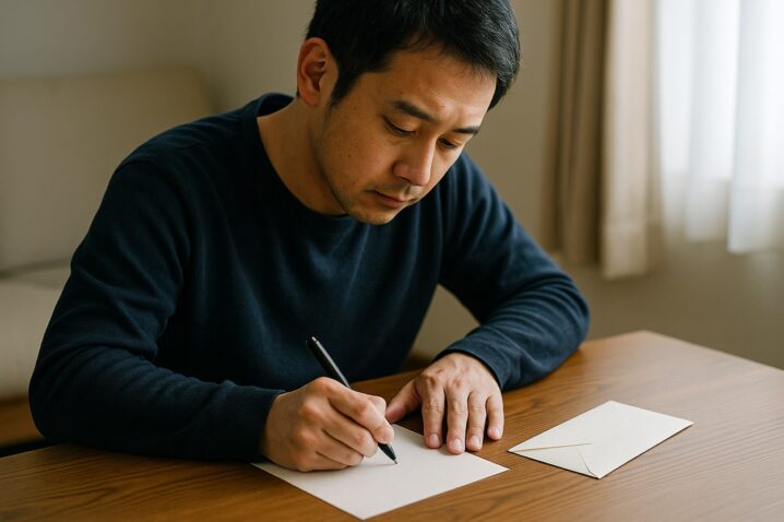義両親への手紙を書く夫